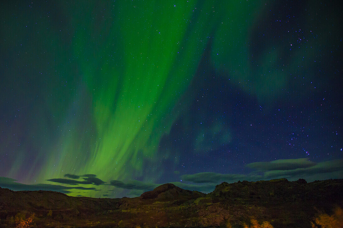 aurora borealis over the region of myvatn lake, northern iceland in the area around the volcano krafla, iceland, europe