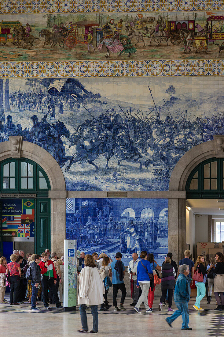 hall and azulejos fresco that retraces the main battles in portugal's past, porto train station, estacao de sao bento, porto, portugal