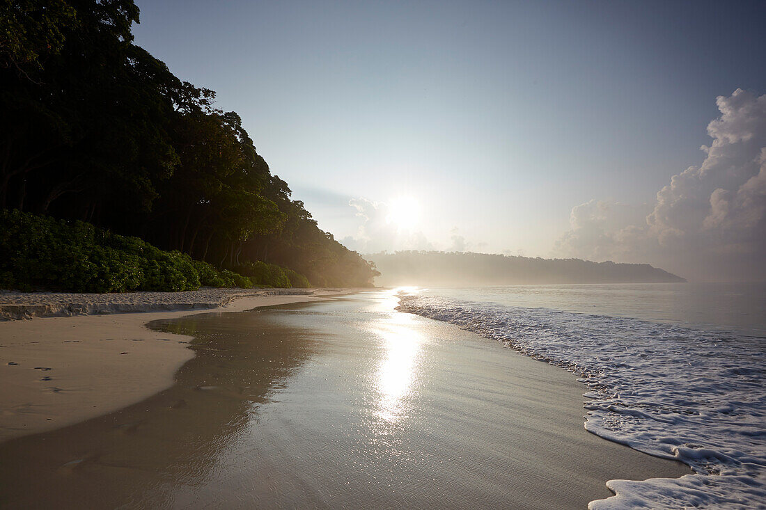 Beach No.7, oder auch Radhanagar Beach fruehmorgens, Wald ohne Palmen, Westkueste, Havelock Island, Andaman Islands, Union Territory, India