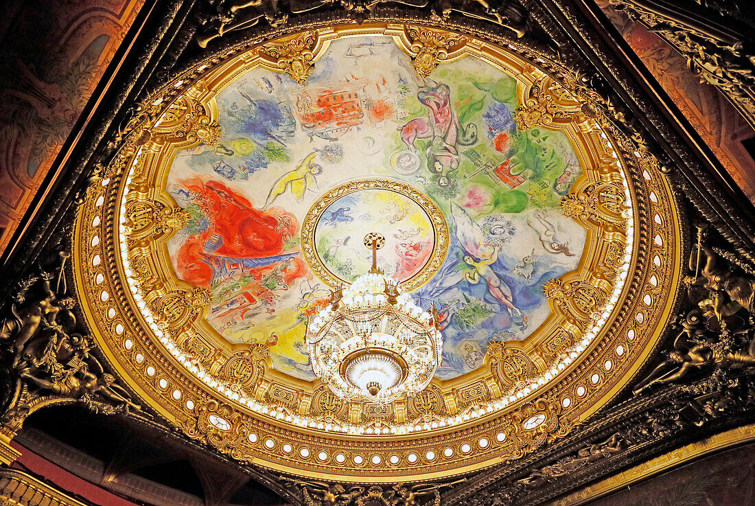 France,Paris, 9th district, Palais Garnier, Paris Opera, La Salle de Spectacle, Focus on ceilings by Marc Chagall