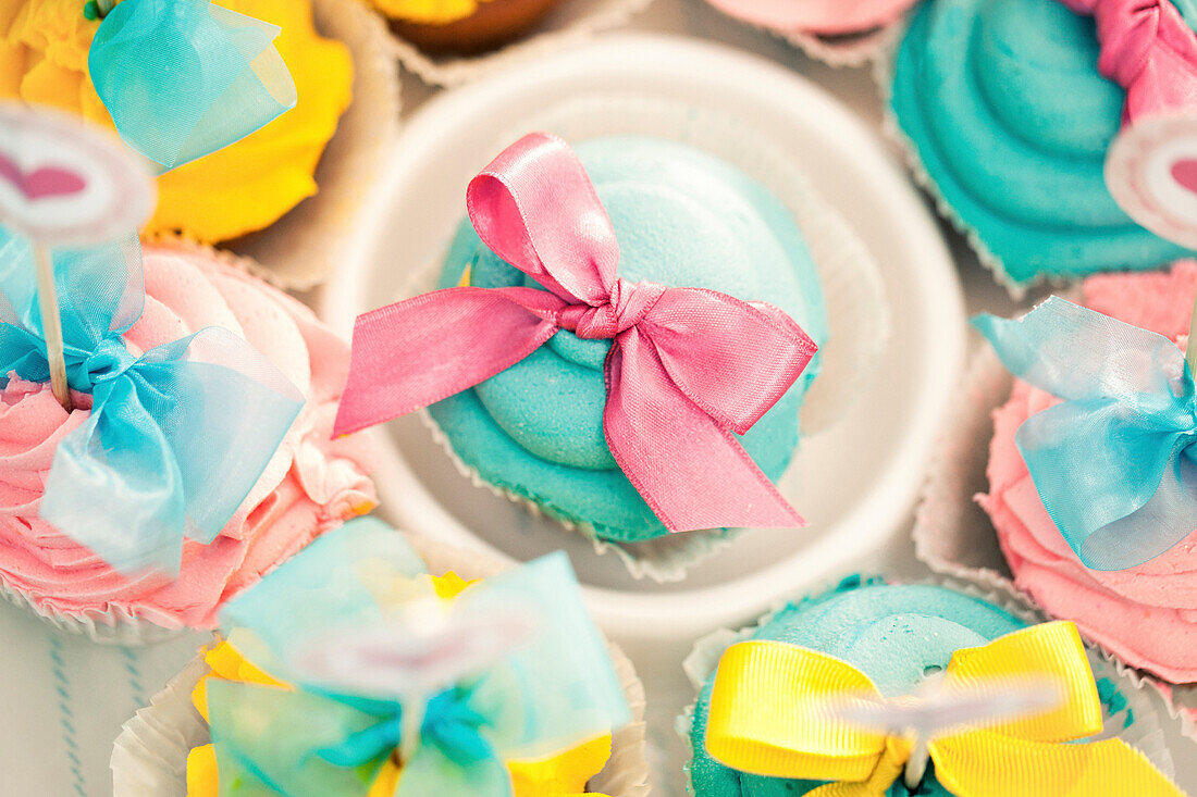 Close up of decorated cupcakes