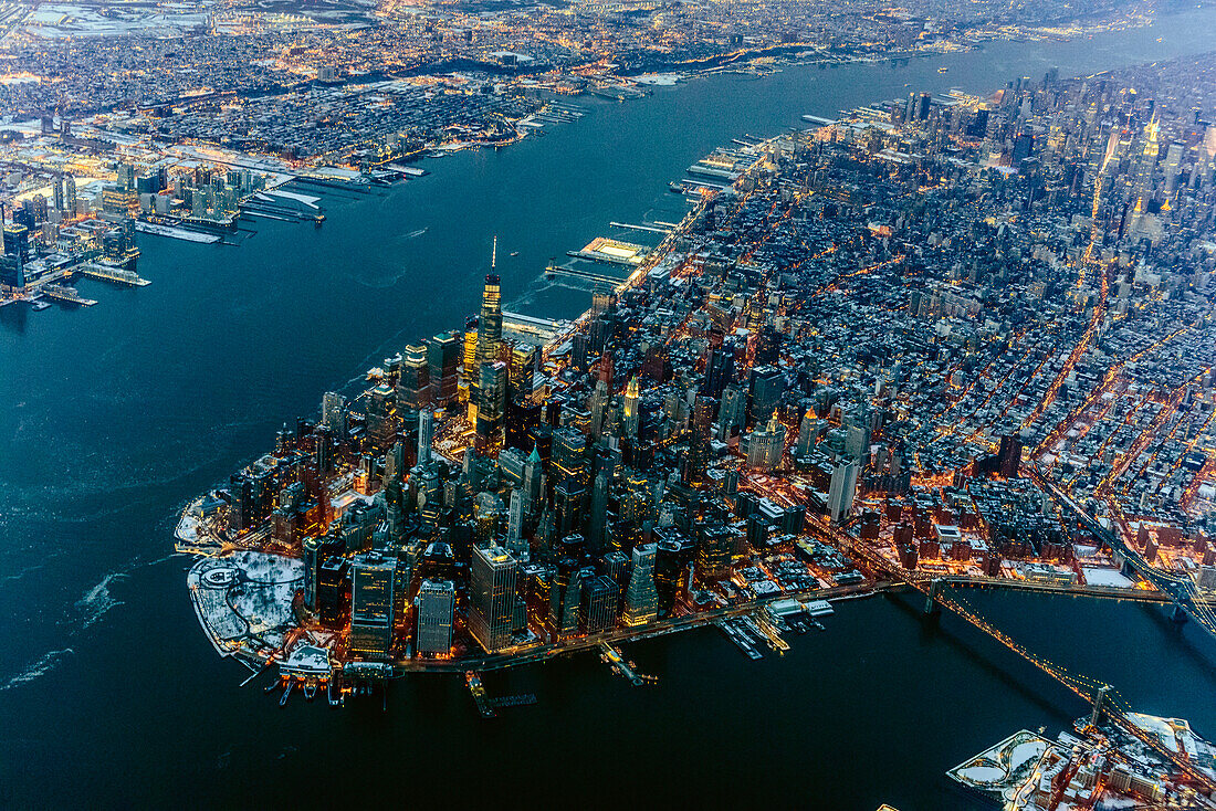 Aerial view of Manhattan cityscape and river, New York, United States