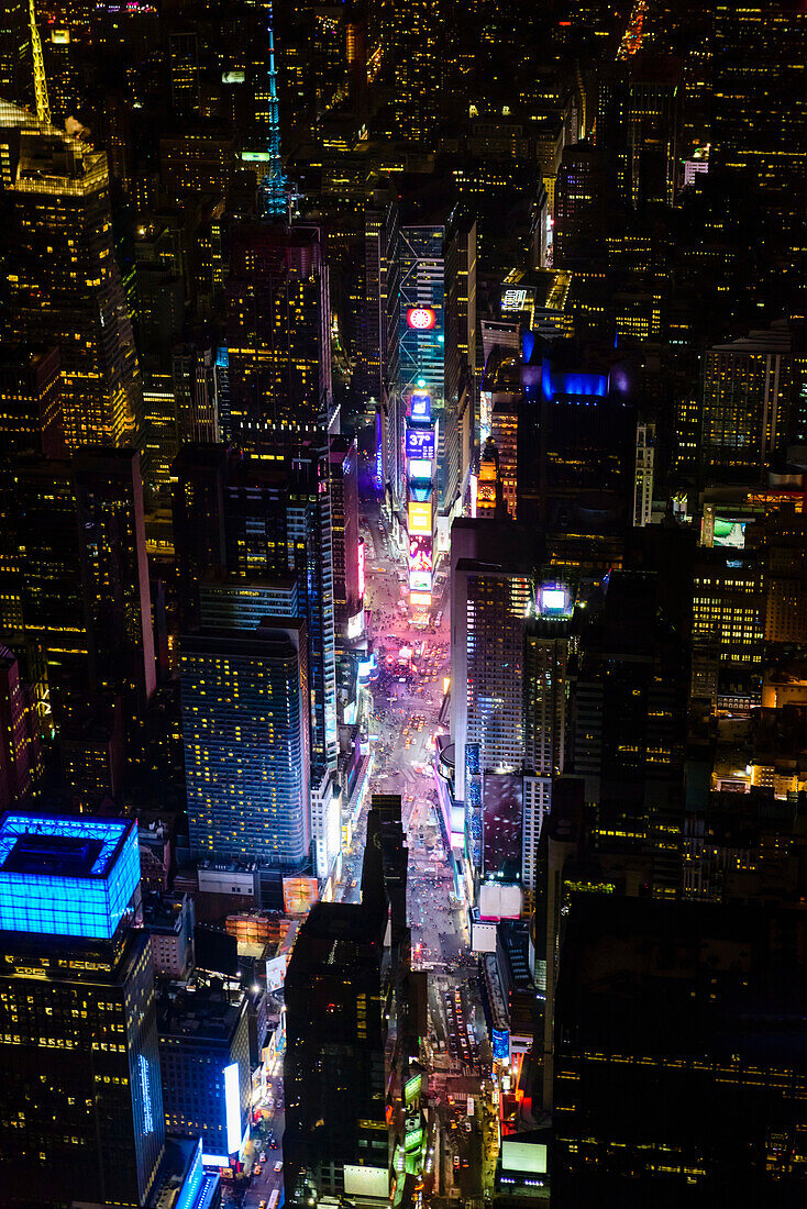 Aerial view of Manhattan cityscape at night, New York, United States