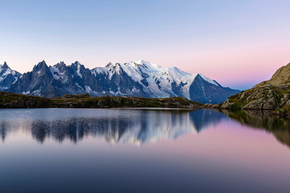 Mont Blanc reflected during twilight in Lac des Cheserys, Haute Savoie, French Alps, France, Europe