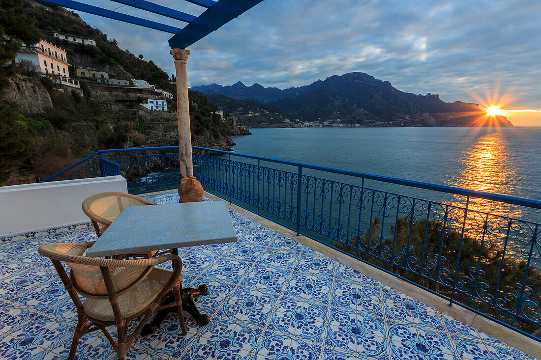 Sunrise, dawn on the Costiera Amalfitana (Amalfi Coast), UNESCO World Heritage Site, Campania, Italy, Europe