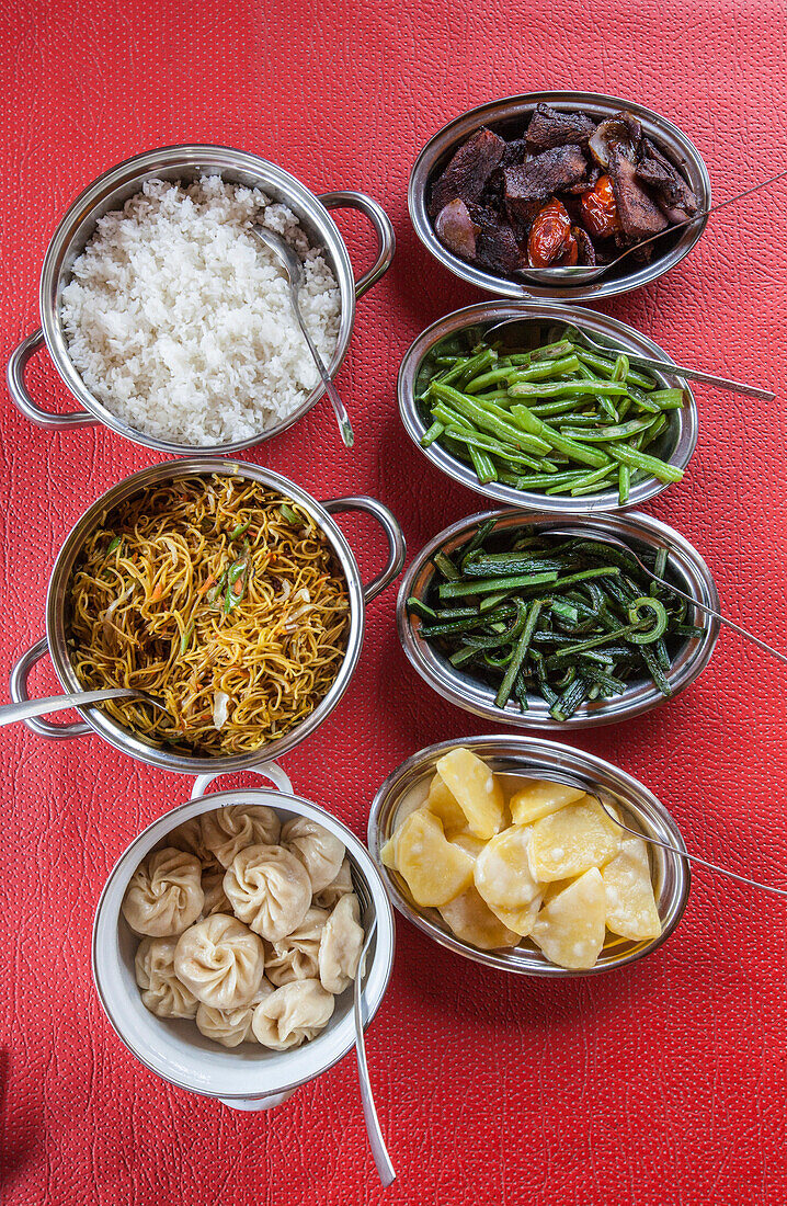 Bhutanese dishes served at a restaurant in Thimphu rice and vegetables including chilli, Bhutan, Asia