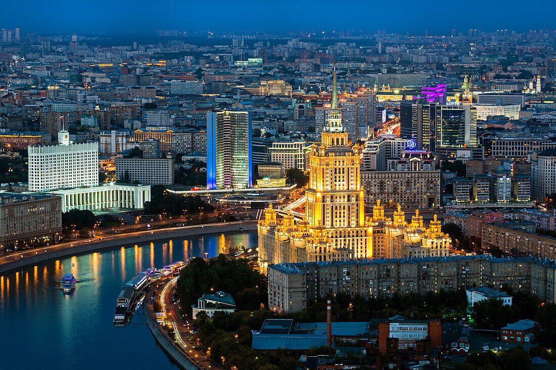 Elevated view over the Moskva River embankment, Ukraine Hotel and the Russian White House, Moscow, Russia, Europe