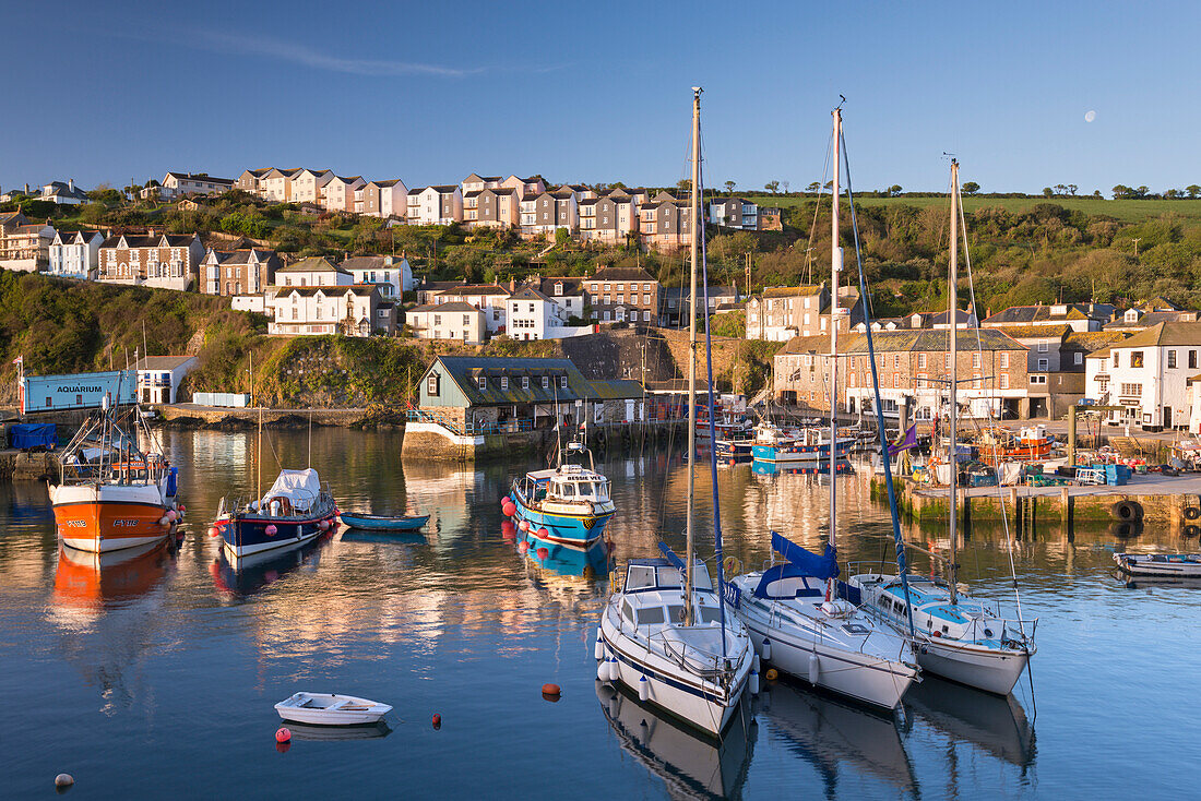 Fishing boats and yachts moored in Mevagissey harbour, Cornwall, England, United Kingdom, Europe