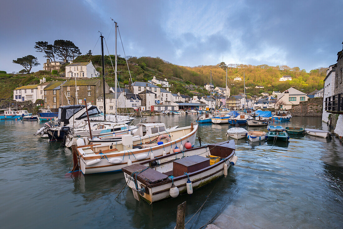 Boats moored in pretty Polperro harbour, Cornwall, England, United Kingdom, Europe
