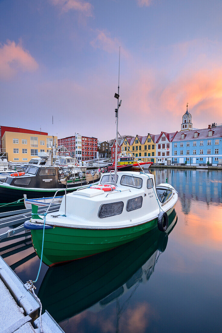 Colourful boats and buildings in Torshavn harbour, Streymoy, Faroe Islands, Denmark, Europe