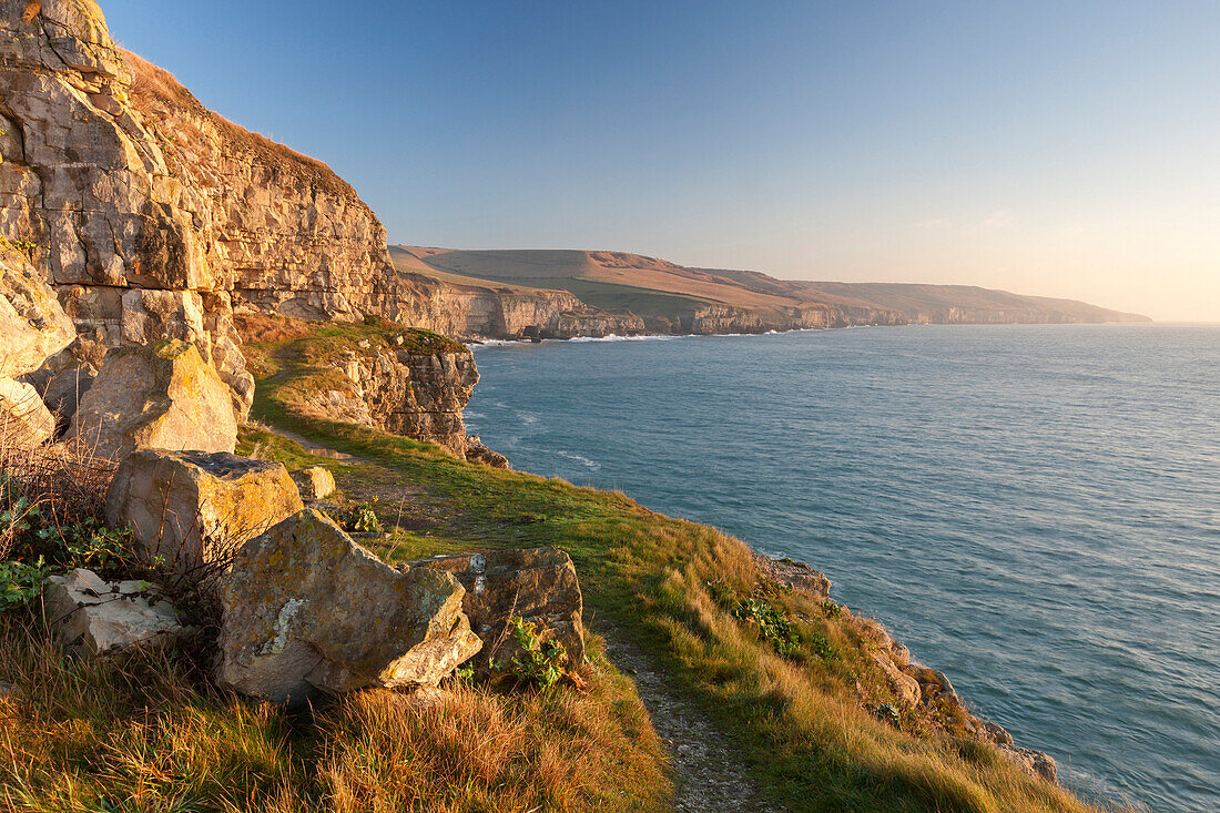 Cliff top footpath running alongside limestone cliffs, Winspit, Isle of Purbeck, Jurassic Coast, UNESCO World Heritage Site, Dorset, England, United Kingdom, Europe