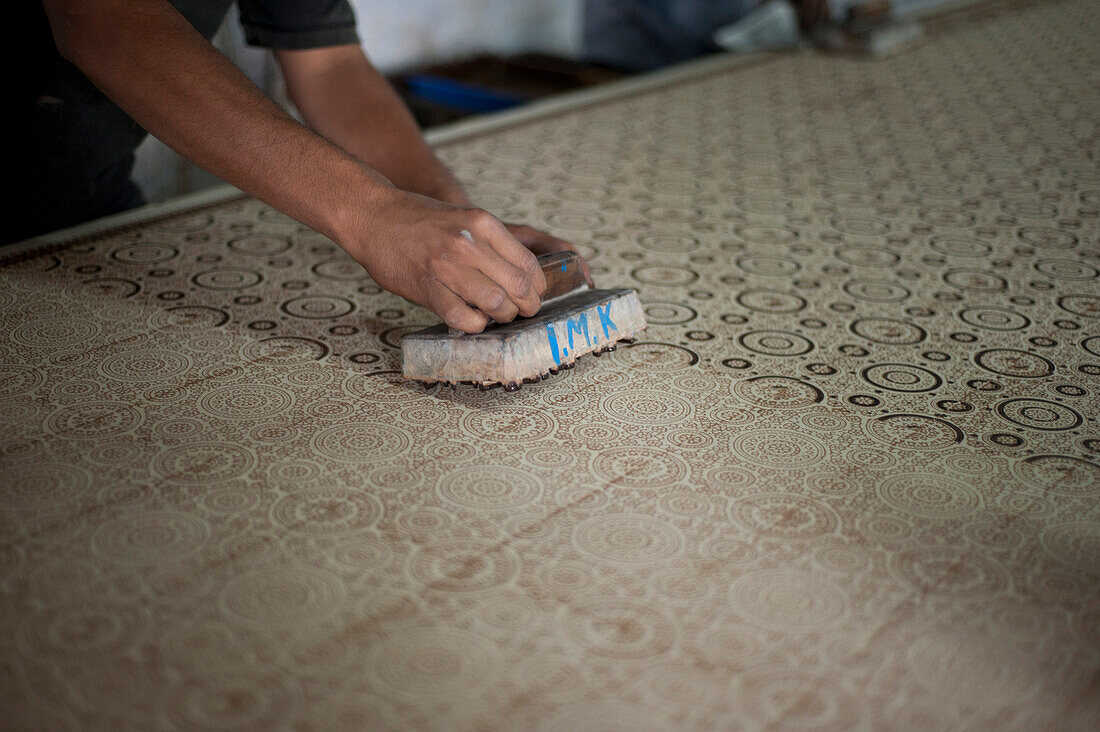 Hand block printing, second process, visually registered, using natural dyes on cotton, Bhuj district, Gujarat, India, Asia