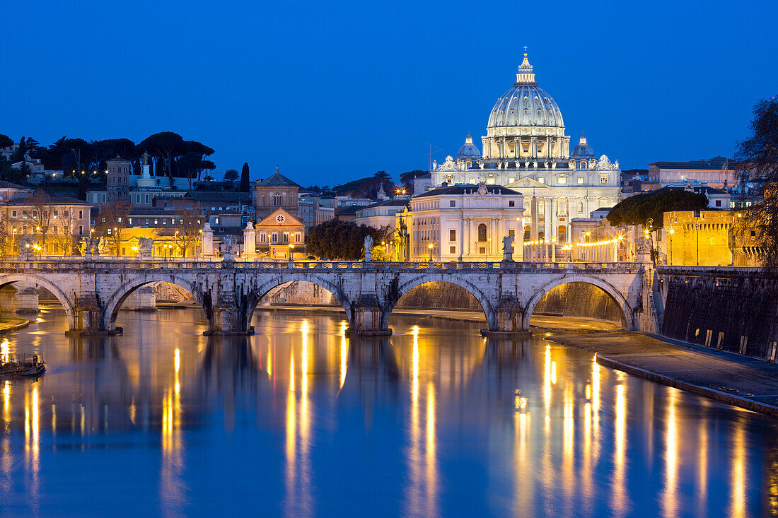 St. Peter's Basilica, the River Tiber and Ponte Sant'Angelo at night, Rome, Lazio, Italy, Europe