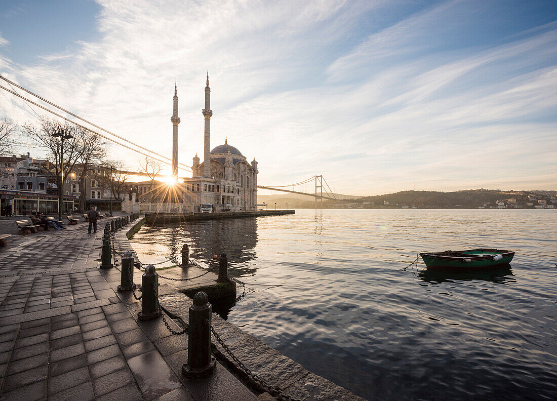 Exterior of Ortakoy Mosque and Bosphorus bridge at dawn, Ortakoy, Istanbul, Turkey, Europe