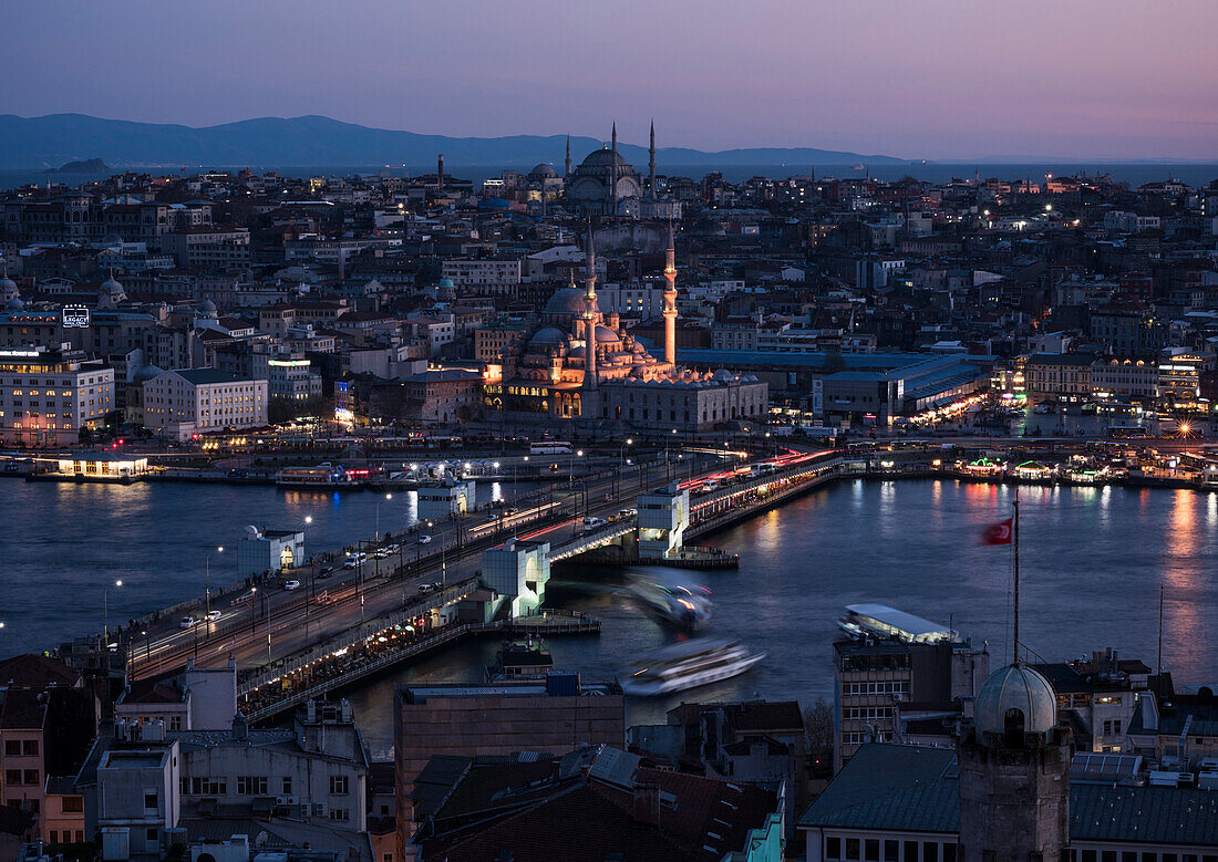 View over Istanbul skyline from The Galata Tower at night, Beyoglu, Istanbul, Turkey, Europe