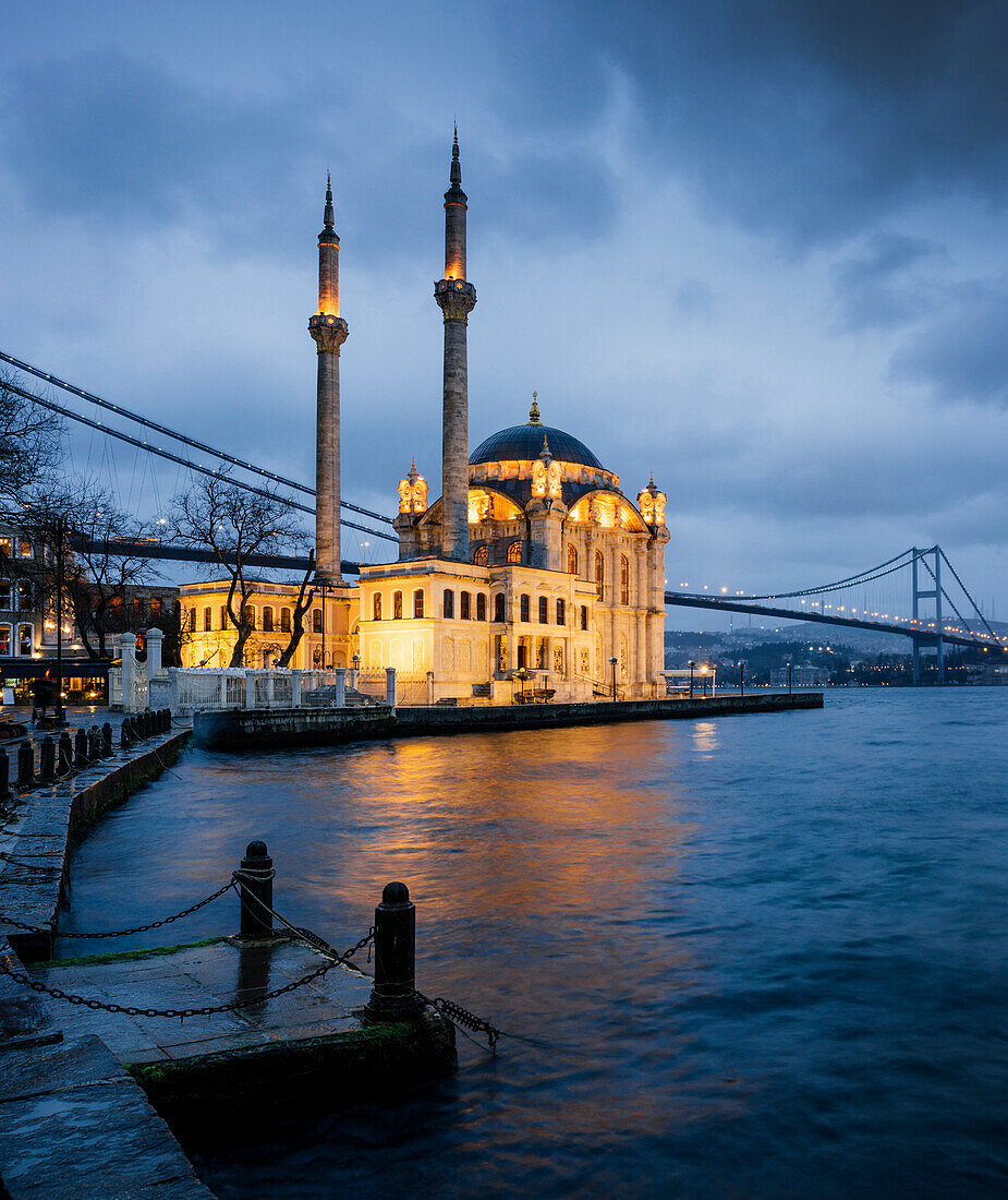 Exterior of Ortakoy Mosque and Bosphorus bridge at night, Ortakoy, Istanbul, Turkey, Europe