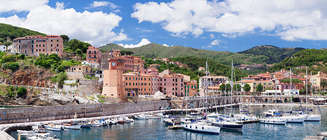 Harbour, clock tower, Rio Marina, Island of Elba, Livorno Province, Tuscany, Italy, Mediterranean, Europe