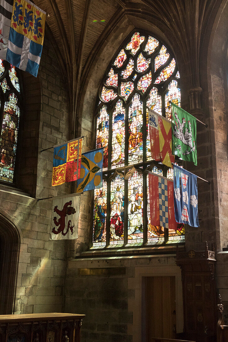 Banners of the Knights of the Order of the Thistle, St. Giles' Cathedral, Edinburgh, Scotland, United Kingdom, Europe
