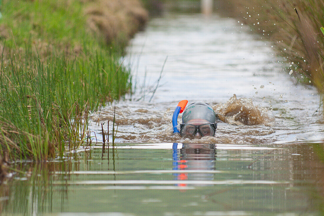 World Bogsnorkelling Championships, conceived in 1985 by Gordon Green, take place at Waen Rhydd Bog in the Cambrian Mountains, Powys, Wales, United Kingdom, Europe