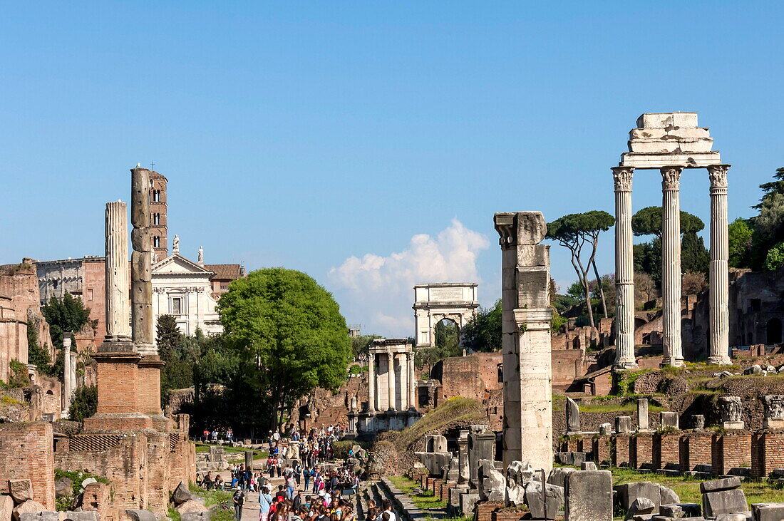 Roman Forum with Temple of Vesta, Arch of Titus, and Temple of Castor and Pollux, UNESCO World Heritage Site, Rome, Lazio, Italy, Europe