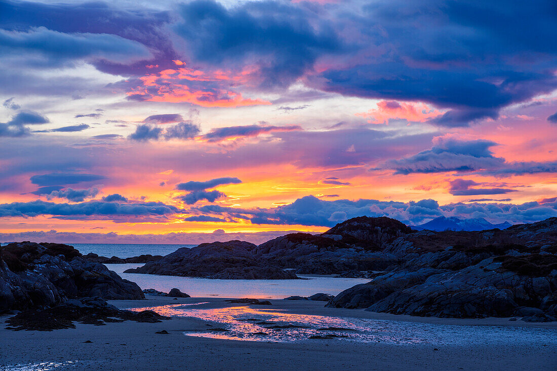 Sunset over Ardtoe Bay, Ardnamurchan Peninsula, Lochaber, Highlands, Scotland, United Kingdom, Europe