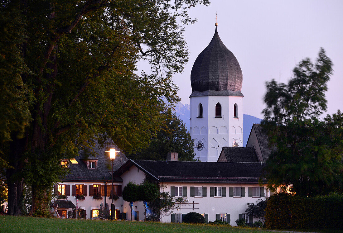 View to the tower of the abbeys church, Island of our lady, Chiem lake, Upper Bavaria, Bavaria, Germany