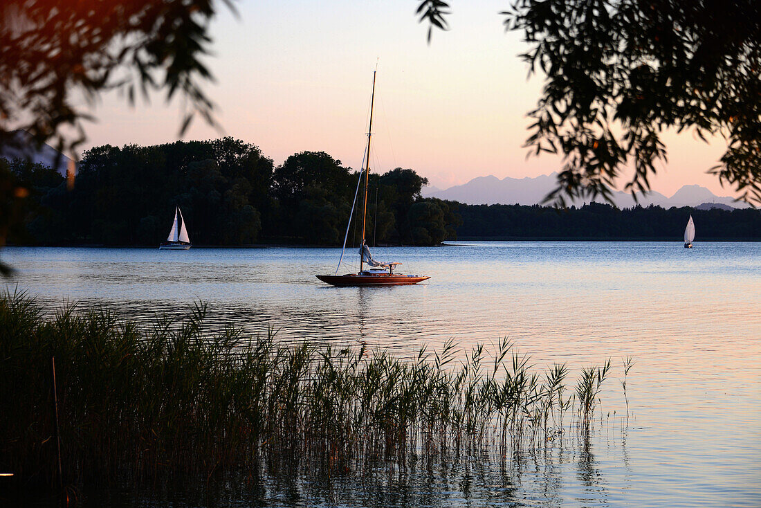 Sunset from the Island of our lady, Chiem lake, Upper Bavaria, Bavaria, Germany