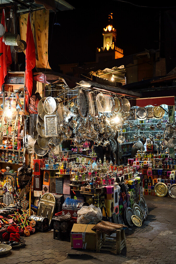 Stands at the market in the Souks at night, Marrakech, Morocco
