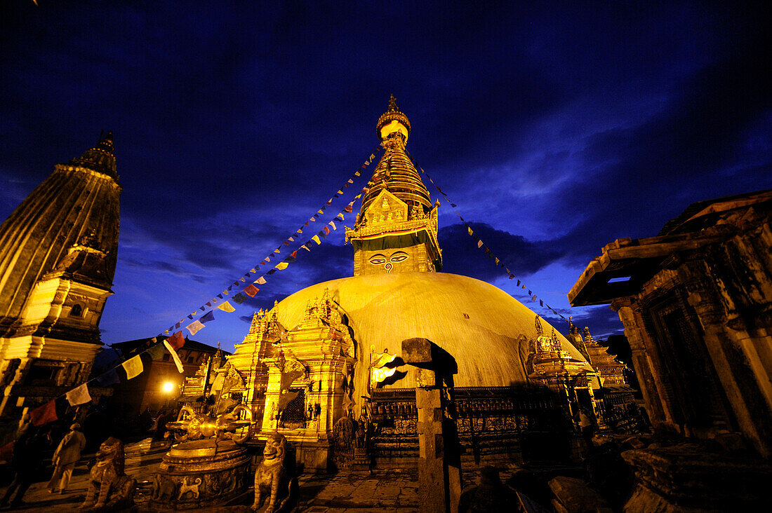 Swayambhunath Stupa at night, Kathmandu, Nepal, Asia