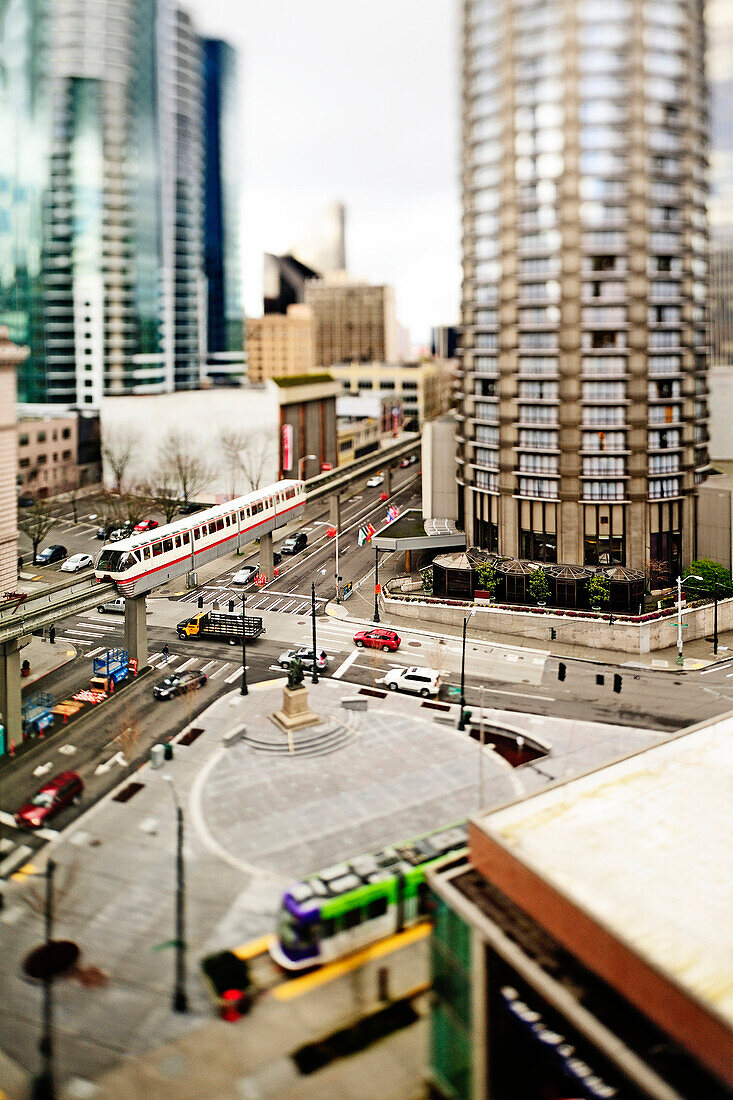 Monorail in Seattle cityscape, Washington, United States