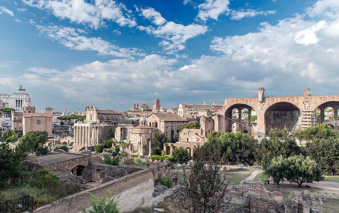 Aerial view of Roman Forum in cityscape, Rome, Italy