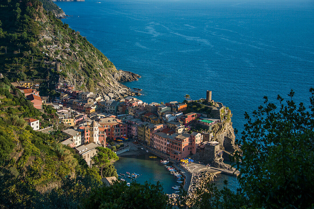 Aerial view of Cinque Terre cityscape and ocean cliffs, Liguria, Italy