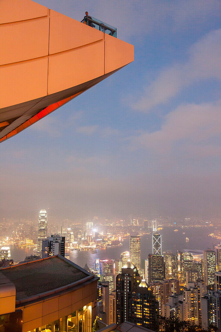 View from Victoria Peak over Hongkong, evening, lights, Hongkong Island, Hong Kong, China, Asia