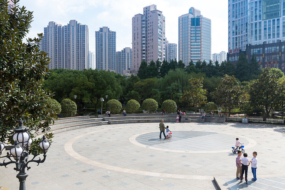 People in Changshou Park, kids, skyscrapers, residential area, square, Putuo District, Shanghai, China, Asia