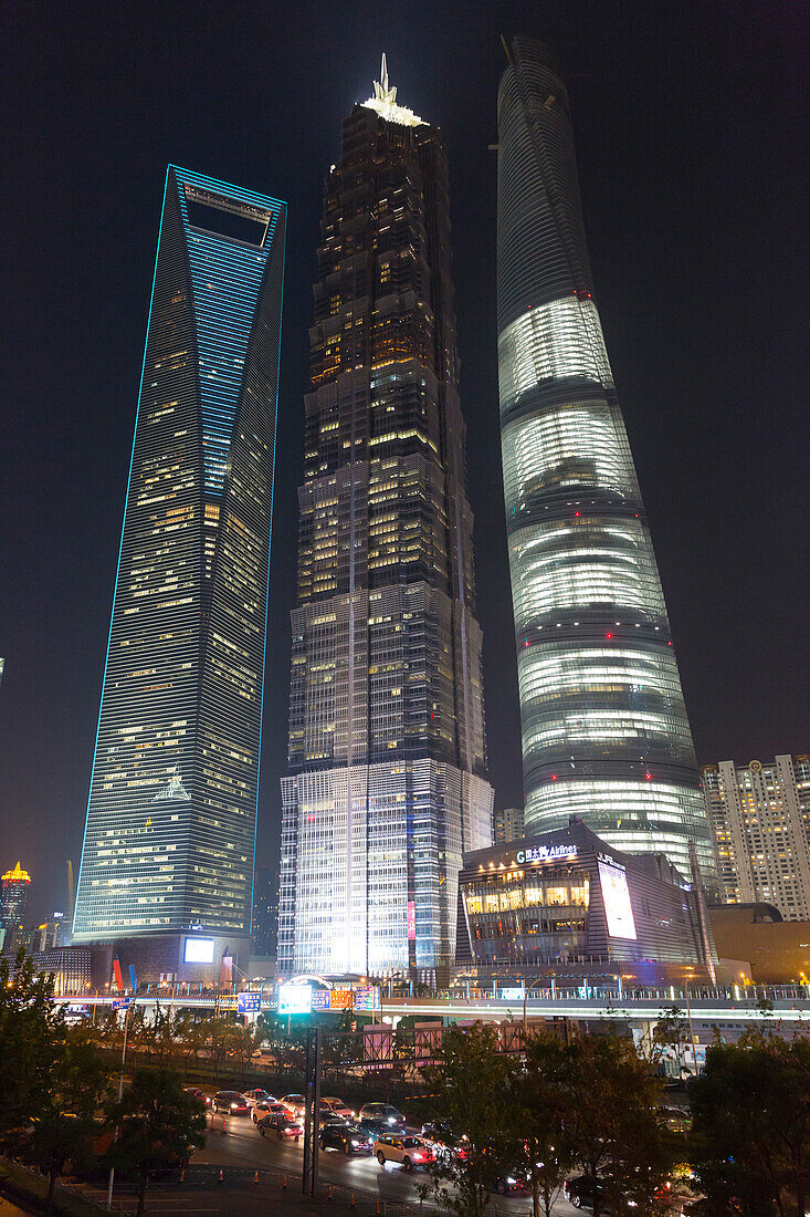 Night, Pudong, Shanghai World Financial Center, Jinmao Tower, Shanghai Tower, traffic, skyline of Shanghai, Shanghai, China, Asia