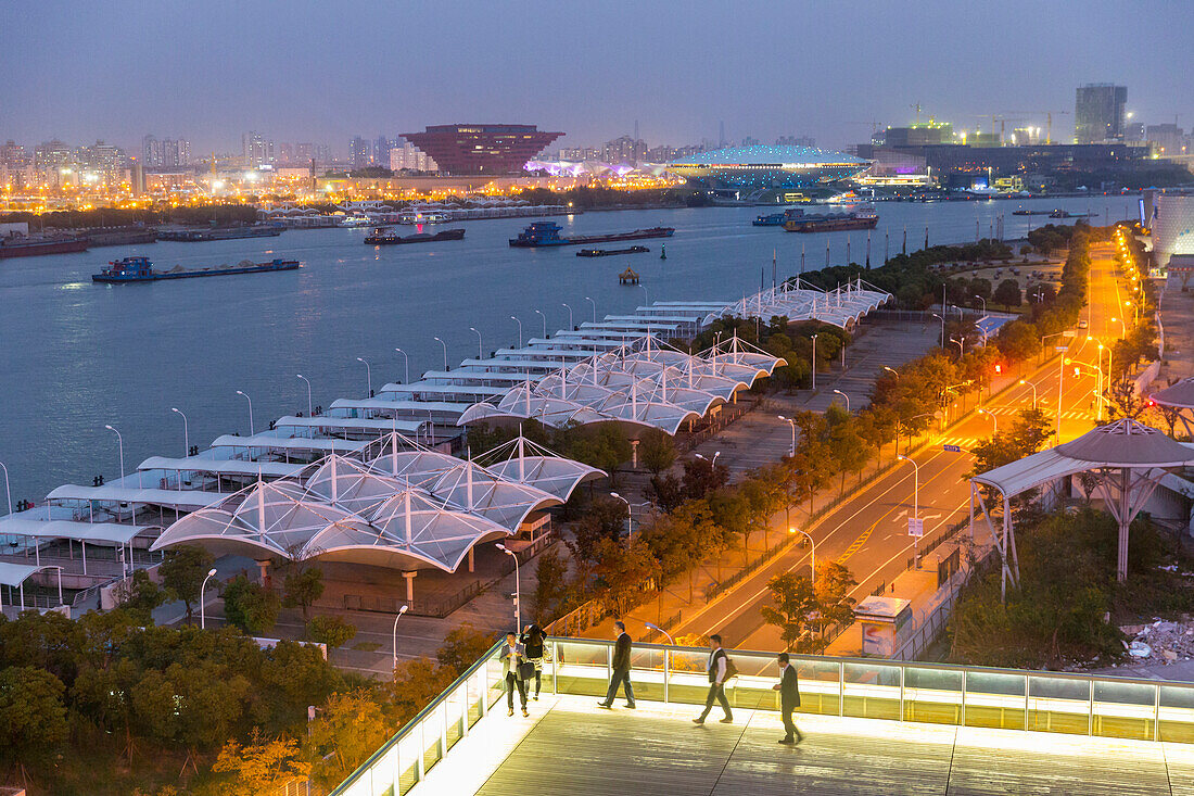 Dusk, Huangpu River, West Bund area, EXPO 2010 area, view from Shanghai Power Station of Art, Shanghai, China, Asia