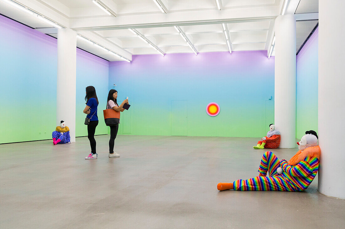 Exhibition, Rockbund Art Museum, visitors, rainbow, clowns, exhibition Breathe Walk Die by Ugo Rondinone, Sep 13, 2014 - Jan 4, 2015, art museum, Shanghai, China, Asia