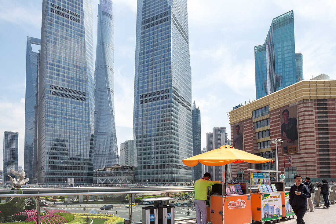 Pudong, architecture, hawker, skyscrapers, towers, high-rise, mobile stall, icon, finance, Shanghai, China, Asia