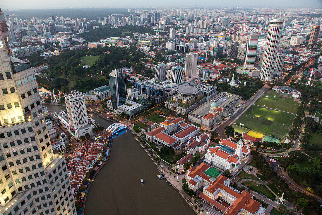 city view from 1-Altitude roof terrace bar, overview, city, river, Singapore, Asia