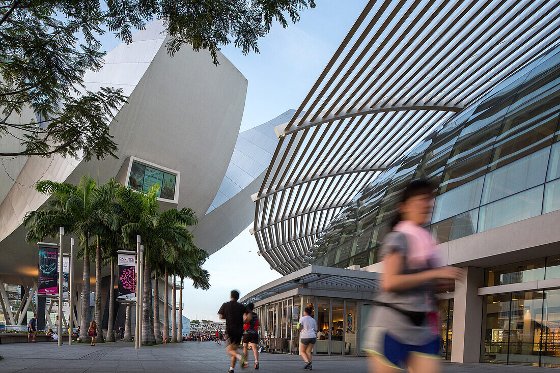 joggers along promenade near Lotus Flower, ArtScience Museum, architecture, Marina Bay Sands, Singapore, Asia