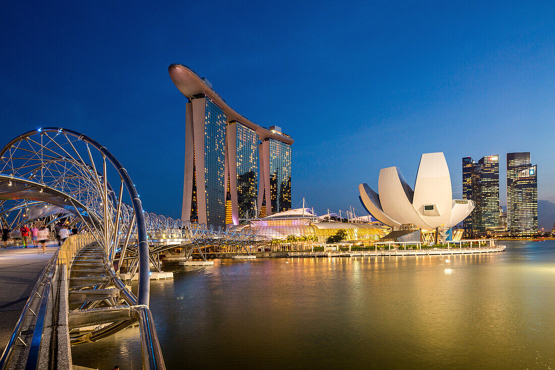 Helix Bridge, evening, sunset, clear sky, blue, Lotus Flower, ArtScience Museum, Marina Bay Sands, pedestrian bridge, architecture, waterfront, Singapore, Asia