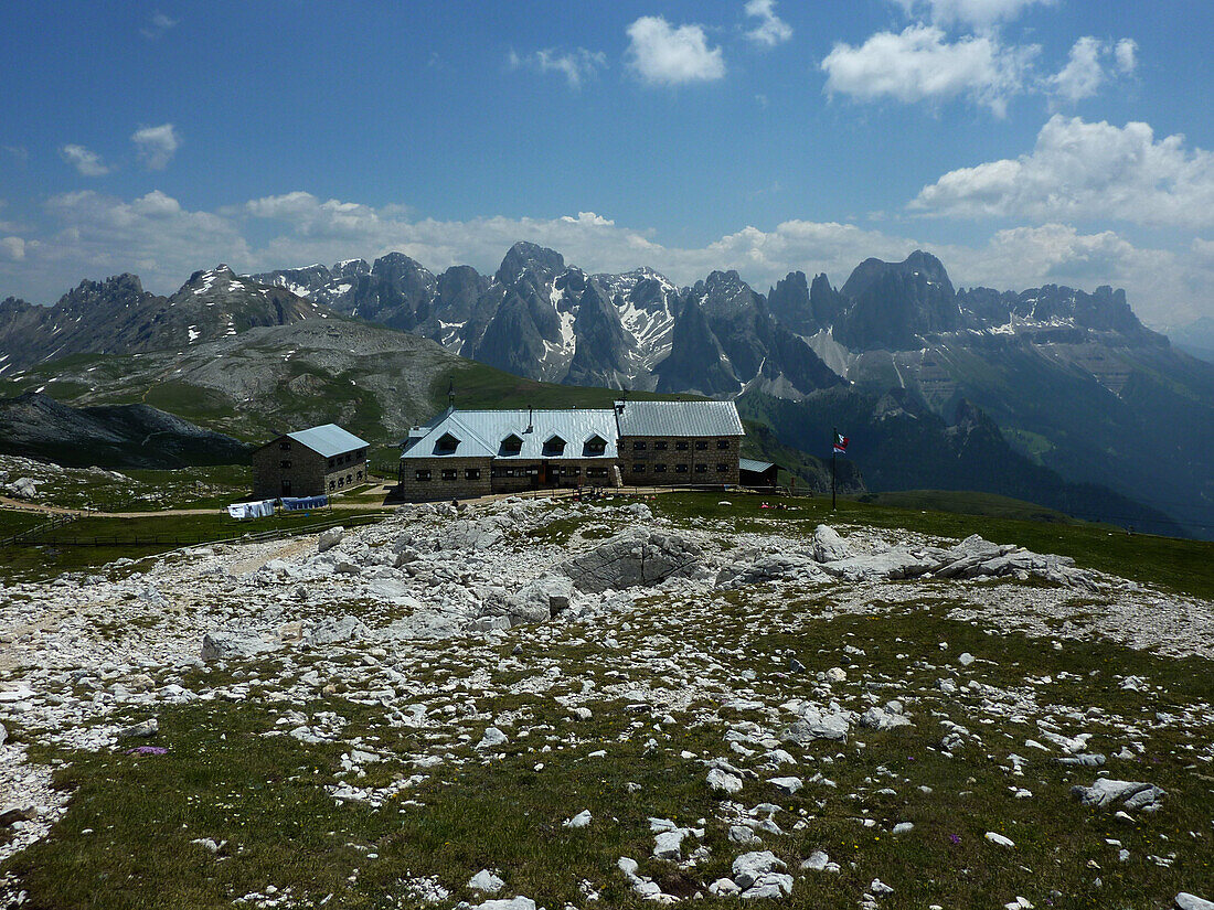 Schlern Houses on Seiser Alp, view to Rosengarten, Dolomites, South Tyrol, Italy