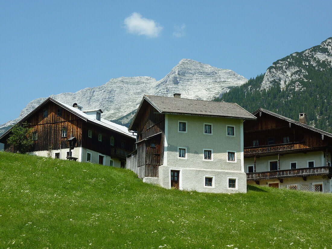 Bauernhäuser in Steinberg am Rofan, Blick Richtung Guffert, Rofan Gebirge, Tirol, Österreich