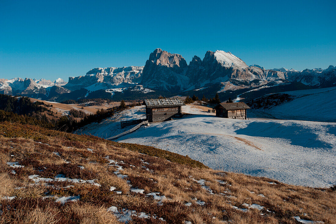 Erster Schnee auf der Seiser Alm, Blick auf Sella, Langkofel und Plattkofel, Dolomiten, Südtirol, Italien