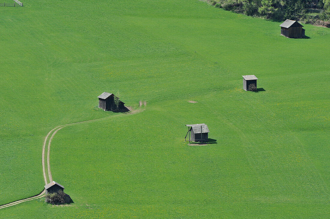 Small hay barns near Sexten, Sexten Dolomites, South Tyrol, Italy