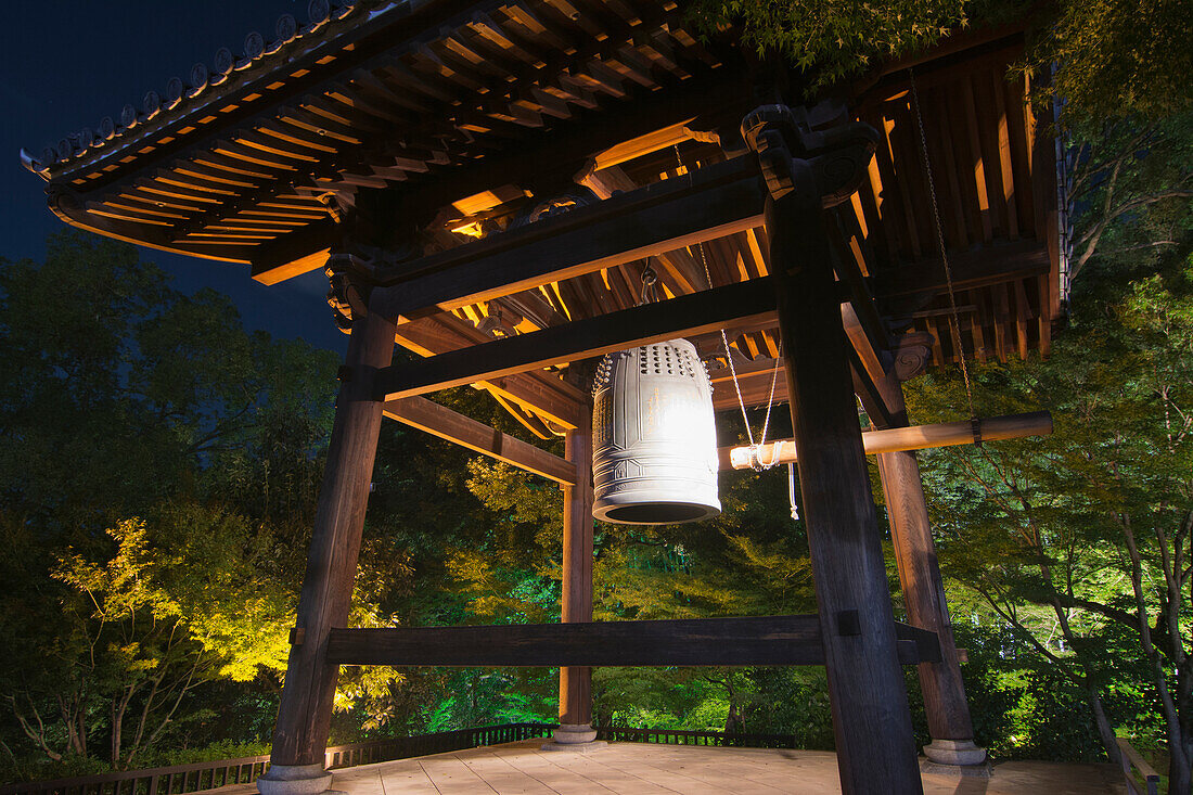 Colourful image of temple bell at night, Kyoto, Japan