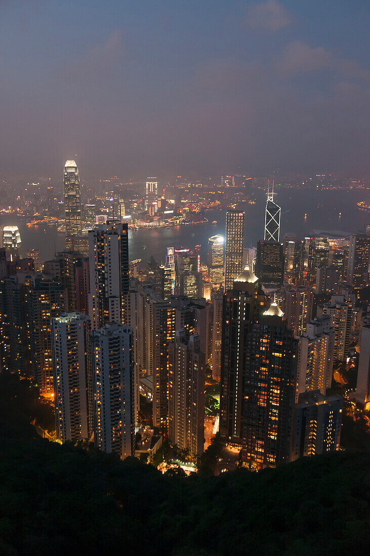 View from Victoria Peak of the island of Hong Kong at night, Hong Kong, China