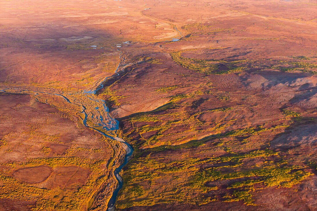 Aerial view of a river and the Kigluaik Mountains, North of Nome, Seward Peninsula, Alaska, United States of America