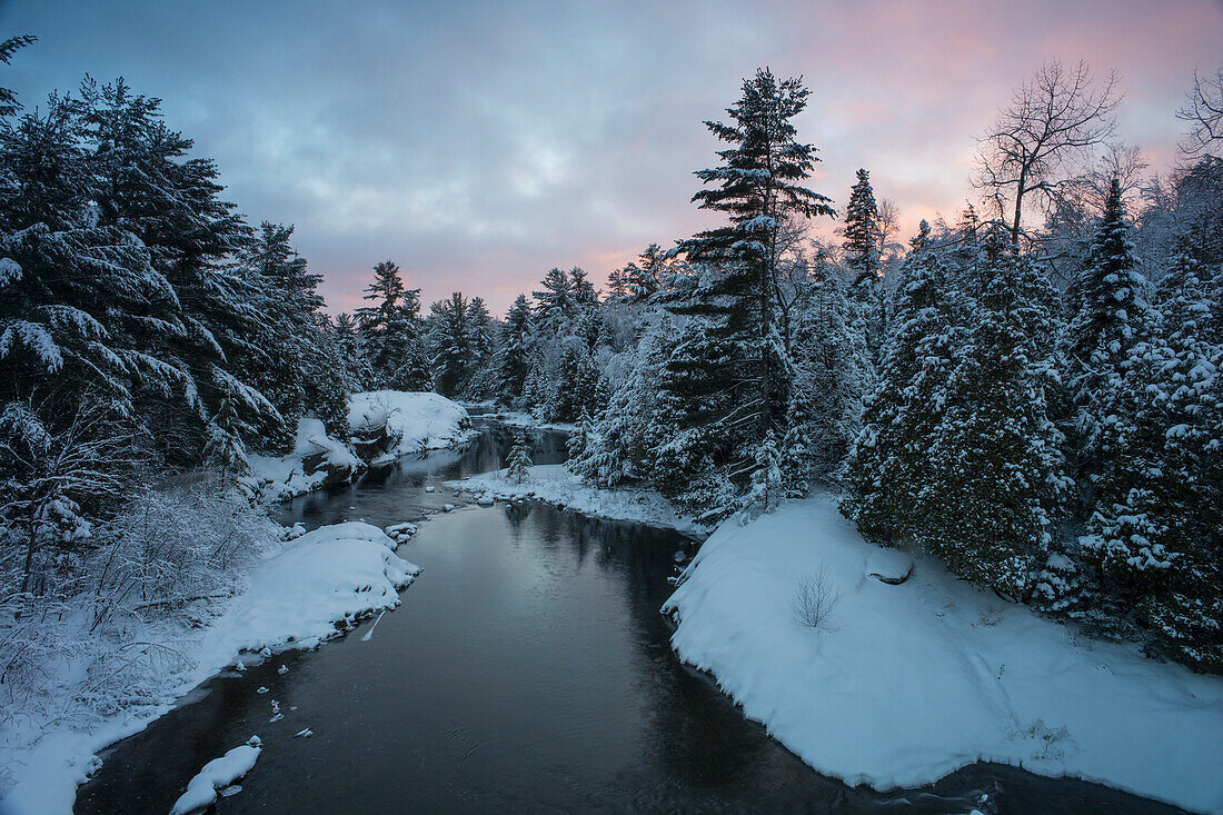 River with snow covered evergreens at sunset, Ontario, Canada