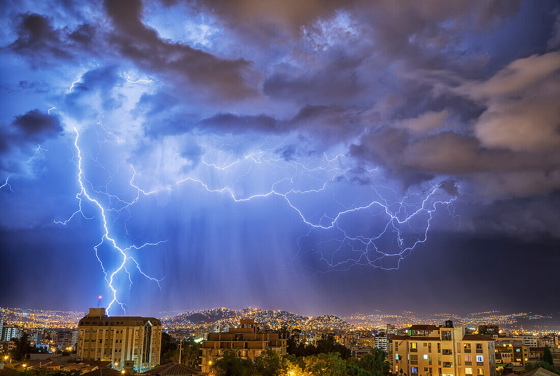 Lightning lights up the night skies above the city of Cochabamba, Cochabamba, Bolivia
